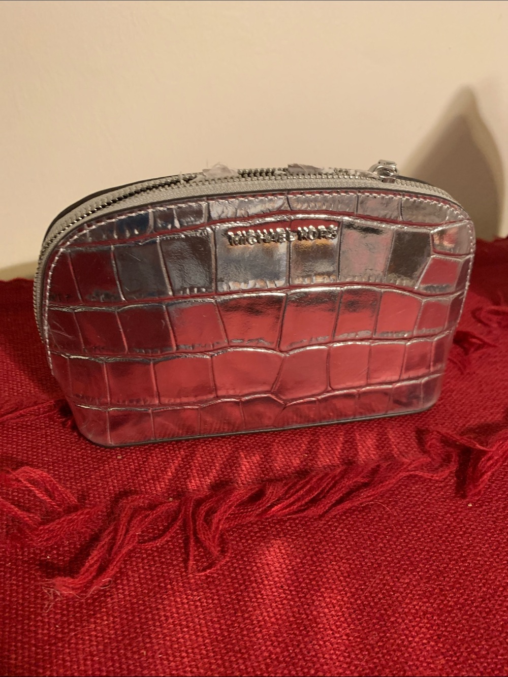 Michael Kors Metallic Silver Croc-Embossed Cosmetic Case